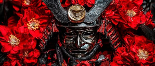 Samurai-Maske vor roten Blumen