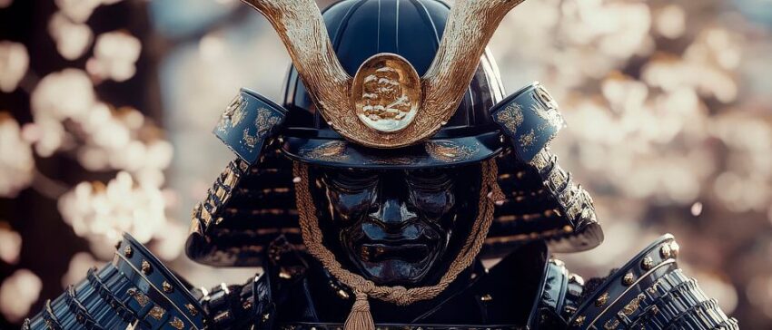 Samurai mit blühenden Kirschbäumen