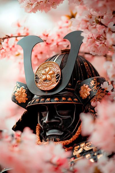 Samurai-Rüstung zwischen Kirschblüten