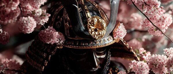 Samurai-Statuette mit Kirschblüten