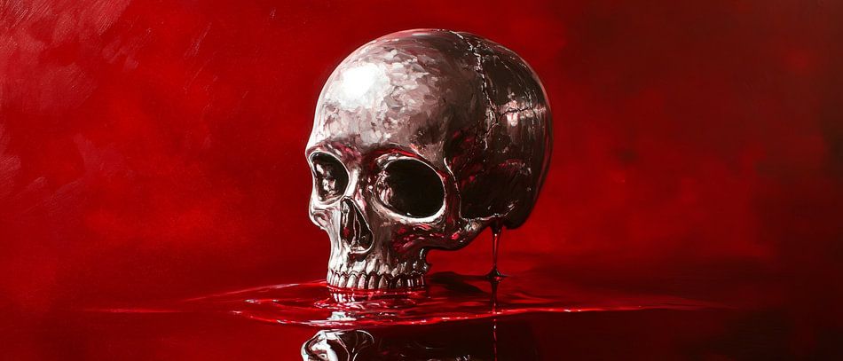 Schädel im Wasser vor rotem Hintergrund