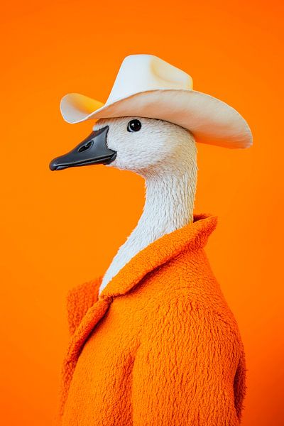 Schicke Gans im Cowboy-Look vor Orange