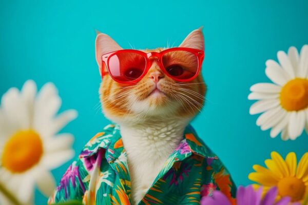 Schicke Katze im Hawaiihemd mit Brille