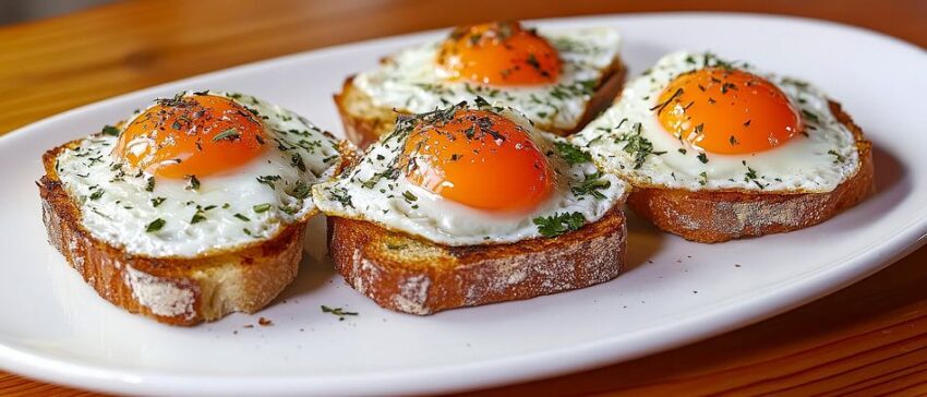 Schmackhafte Spiegeleier auf Brot