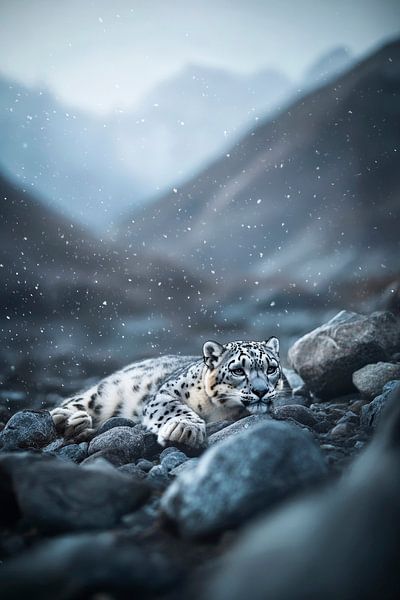 Schneeleopard ruht in schneebedeckter Landschaft