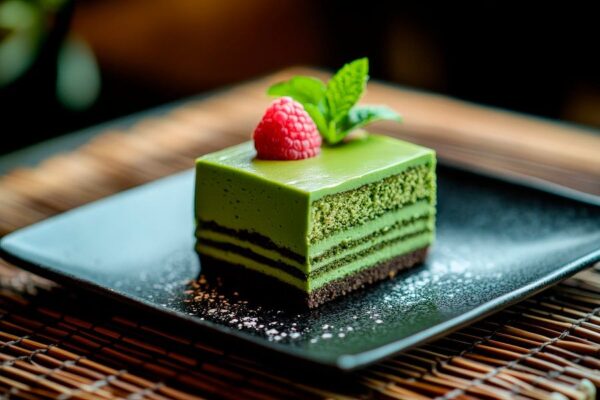 Schokoladen-Matcha-Torte mit Himbeeren