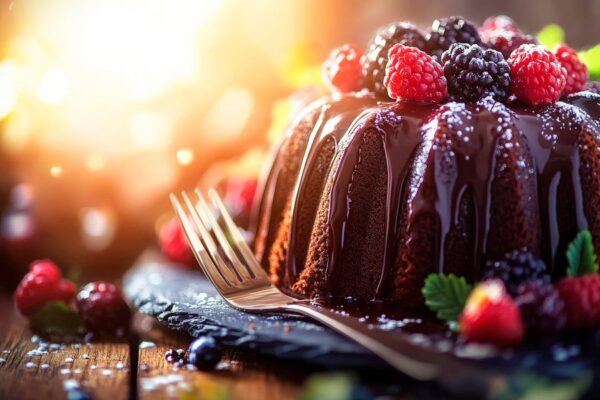 Schokoladenkuchen mit Beeren und Glanz