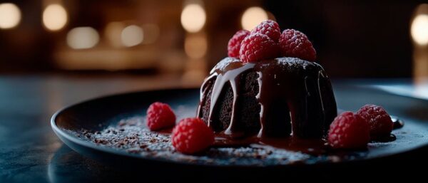 Schokoladenkuchen mit Himbeeren dekoriert