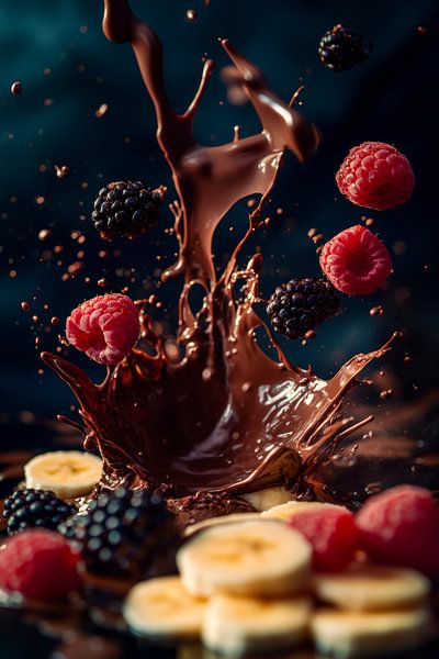 Schokoladensplash mit Beeren und Bananen