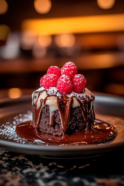 Schokoladentörtchen mit Himbeeren dekoriert