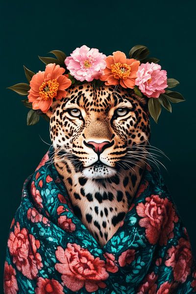 Schöner Leopard mit Blumenkranz