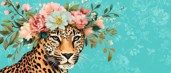 Schöner Leopard mit Blumenkranz