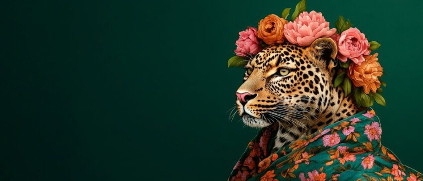 Schöner Leopard mit Blumenkrone