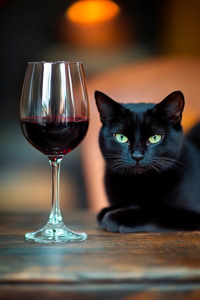 Schwarze Katze mit Rotwein-Glas