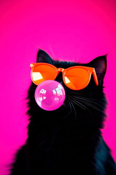 Schwarze Katze mit Sonnenbrille und Kaugummi