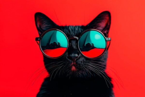 Schwarze Katze mit stylischen Sonnenbrille