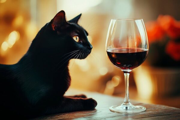 Schwarze Katze und Rotwein – Elegantes Stillleben