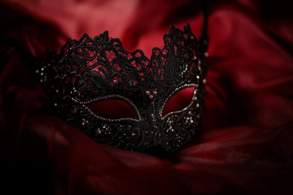 Schwarze Maske auf rotem Satin – Elegant