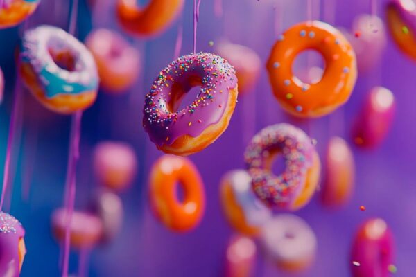 Schwebende bunte Donuts vor lila Hintergrund