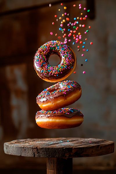 Schwebende Donuts mit bunten Streuseln