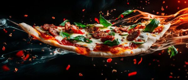 Schwebende Pizza mit frischen Zutaten