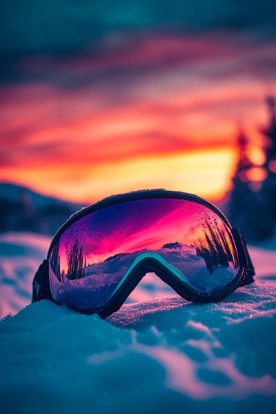 Skibrille im glühenden Sonnenuntergang