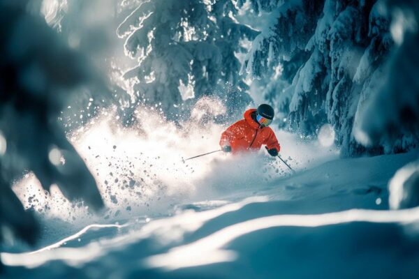 Skifahren im verschneiten Wald