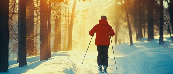 Skifahren im winterlichen Waldlicht