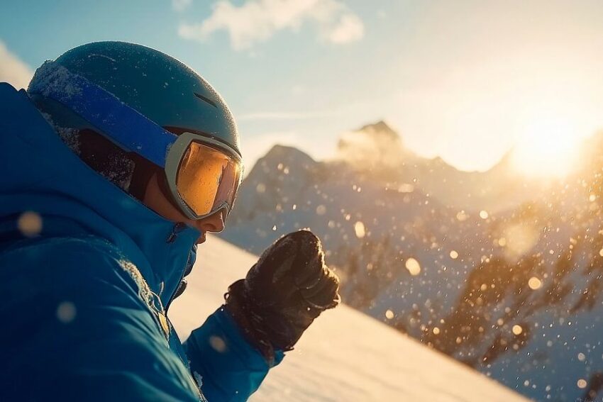 Skifahrer genießt den Sonnenaufgang