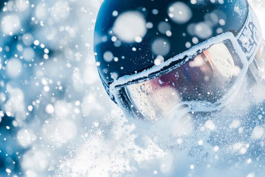 Skifahrer im Schneesturm mit Helm