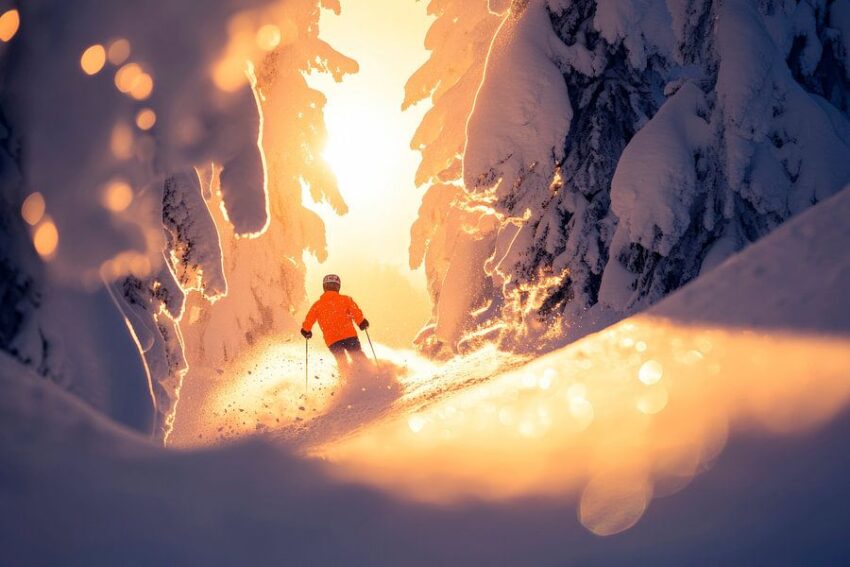 Skifahrer im winterlichen Waldlicht