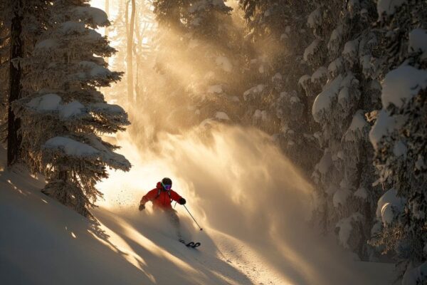 Skifahrer im winterlichen Waldlicht