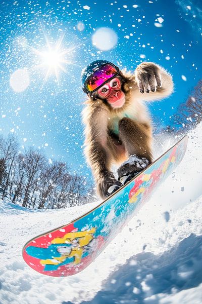 Snowboardender Affe im Schnee