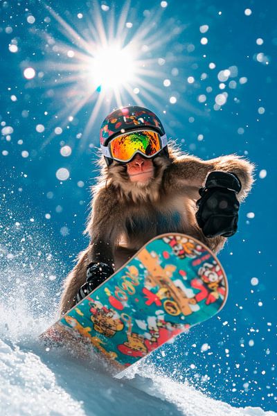 Snowboardender Affe im Sonnenlicht