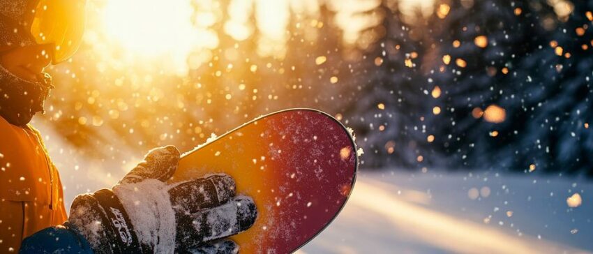 Snowboarder bei Sonnenuntergang im Schnee