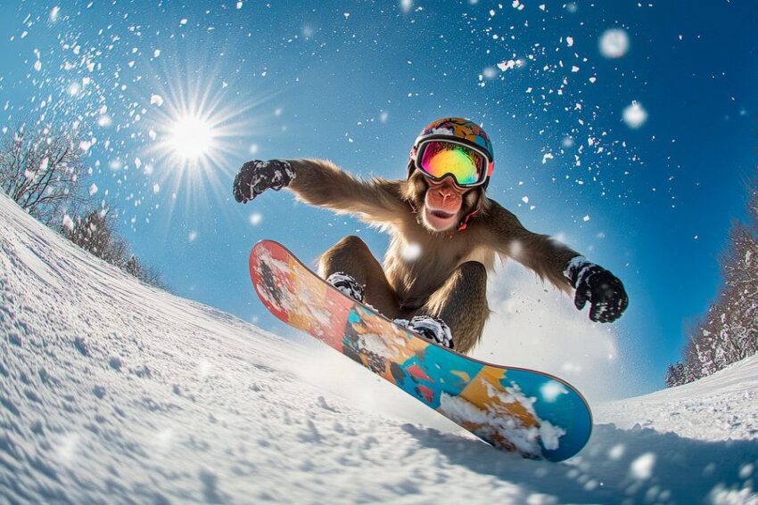 Snowboarder im freien Fall bei Sonnenlicht