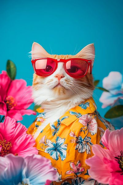 Sommerliche Katze mit Sonnenbrille und Blumen