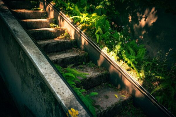 Sonnenbeschienene Treppe mit Pflanzen