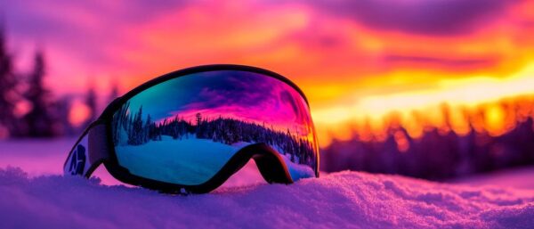 Sonnenbrille im Schnee bei Sonnenuntergang