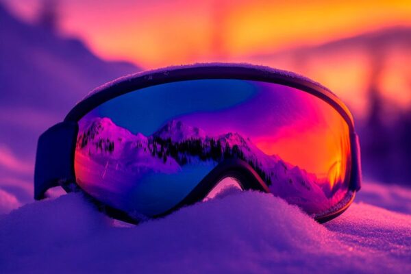 Sonnenbrille im Schnee bei Sonnenuntergang