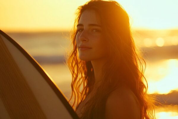 Sonnenuntergang am Strand mit Surferin