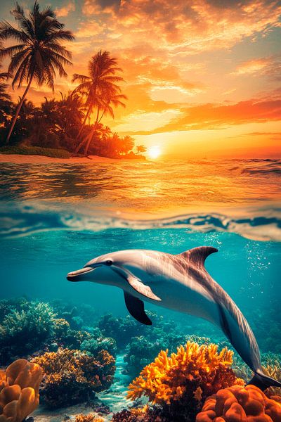 Sonnenuntergang mit Delfin im Meer