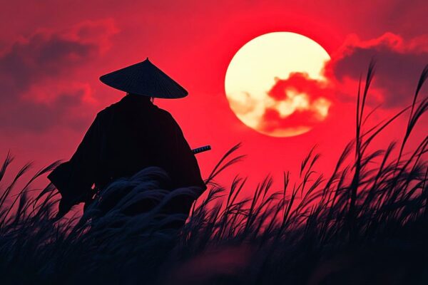 Sonnenuntergang mit Samurai-Silhouette