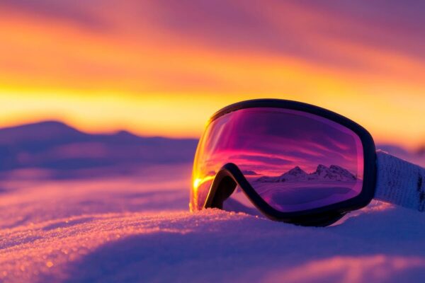 Sonnenuntergang mit Skibrille im Schnee