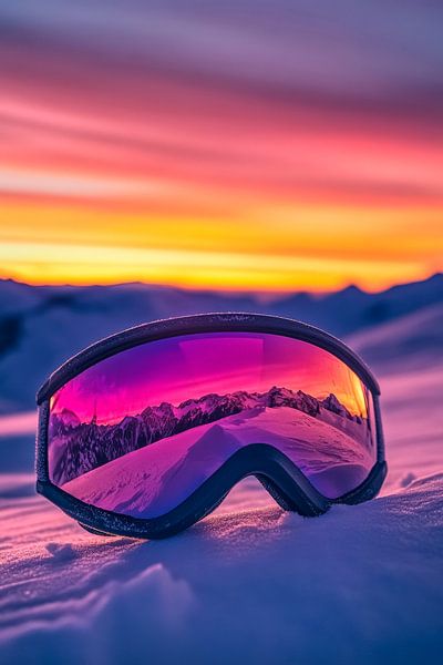 Sonnenuntergang mit Skibrille im Schnee