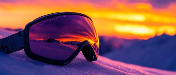 Sonnenuntergang mit Skibrille im Schnee