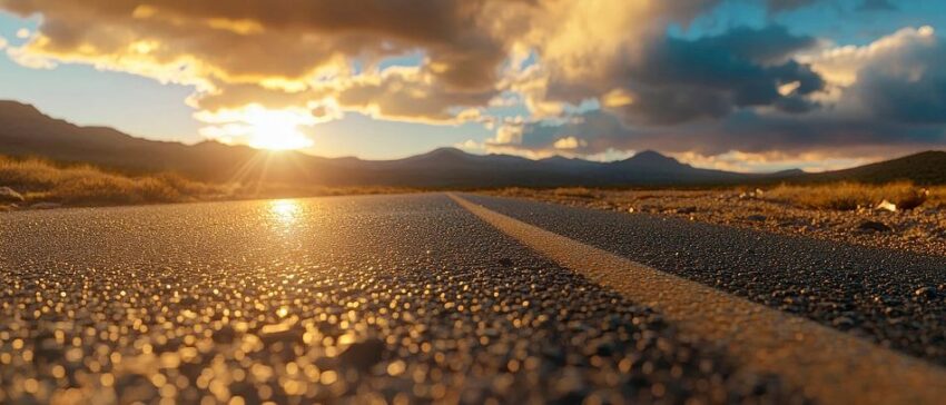 Sonnenuntergang über einsamer Straße