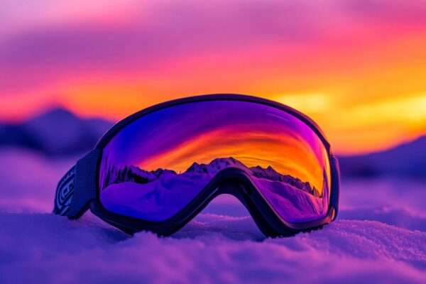 Sonnenuntergang über Skibrille im Schnee