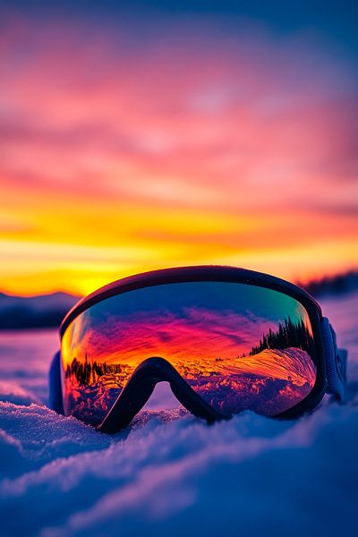 Sonnenuntergang über Skibrille im Schnee