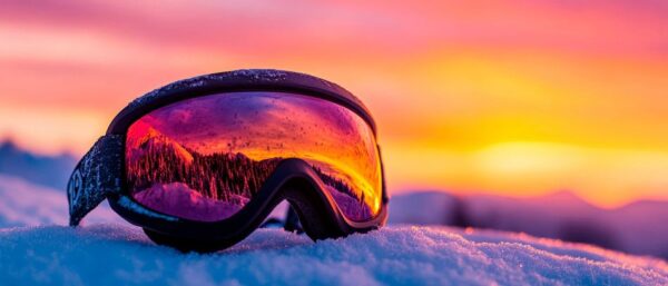 Sonnenuntergang über Skibrille im Schnee